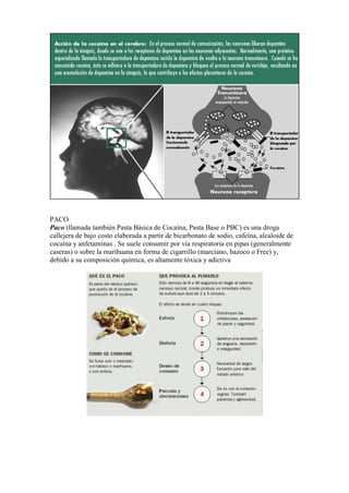 PACO
Paco (llamada también Pasta Básica de Cocaína, Pasta Base o PBC) es una droga
callejera de bajo costo elaborada a partir de bicarbonato de sodio, cafeína, alcaloide de
cocaína y anfetaminas . Se suele consumir por vía respiratoria en pipas (generalmente
caseras) o sobre la marihuana en forma de cigarrillo (marciano, bazoco o Free) y,
debido a su composición química, es altamente tóxica y adictiva
 