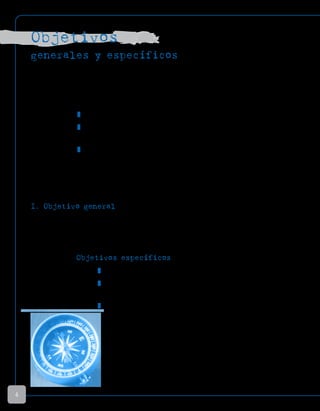 Objetivos
generales y específicos
Con la finalidad de prevenir el consumo y tráfico de drogas, este programa está
orientado a tres grandes objetivos:
u Entregar información.
u Desarrollar valores, actitudes y habilidades comprometidas con un
estilo de vida saludable.
u Fortalecer vínculos comunitarios de apoyo.
Cada objetivo general está desglosado en diversos objetivos específicos que per-
miten que el monitor identifique lo que la actividad pretende lograr.
I. Objetivo general
Adquirir información para la toma de decisiones en relación al consumo
y tráfico de drogas y /o alcohol.
Objetivos específicos
u Informarse acerca de los efectos del consumo de alcohol y drogas.
u Reflexionar y comprender las condiciones personales y sociales que
favorecen el consumo de alcohol y drogas.
u Identificar situaciones personales que requieran de apoyo terapéuti-
co y/o derivación al sistema de salud.
4
 