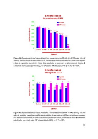 Figura 14. Representación del efecto del alcohol a concentraciones 25 mM, 50 mM, 75 mM y 100 mM
sobre la actividad específica encefalinasa en células de neuroblastoma NB69 en condiciones agudas
o tras la exposición durante 24 horas. Los resultados se expresan en picomoles de tirosina-$-
naftilamida hidrolizados por minuto y por 106 células (Media±SEM; n=4; *p<0.05; **p<0.01).




Figura 15. Representación del efecto del alcohol a concentraciones 25 mM, 50 mM, 75 mM y 100 mM
sobre la actividad específica encefalinasa en células de astroglioma U373 en condiciones agudas o
tras la exposición durante 24 horas. Los resultados se expresan en picomoles de tirosil-$-naftilamida
hidrolizados por minuto y por 106 células (Media±SEM; n=4; **p<0.01).


                                                                                                  38
 