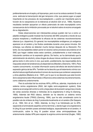 preferentemente en el septo y el hipocampo, pero no en la corteza cerebral. En esta
zona estimula la transcripción del gen temprano c-fos, que parece jugar un papel
importante en los procesos de neuroadaptación, y podría ser importante para la
función de la vasopresina en la tolerancia al alcohol (Giri et al., 1990). Nuestros
resultados también apoyarían un efecto potenciado de este neuropéptido como
consecuencia de la inhibición provocada por el alcohol sobre el enzima encargado
de su degradación.
        Estas observaciones son interesantes porque pueden dar luz a como un
péptido endógeno puede modular las funciones del SNC actuando a través de sus
propios receptores y modificando la eficacia de los sistemas neurotransmisores
clásicos (p.e. dopamina). En general, los neuropéptidos endógenos y/o exógenos
aparecen en el cerebro y los fluidos cerebrales durante unos pocos minutos. Sin
embargo, sus efectos se detectan mucho tiempo después de su liberación. Por
tanto, los neuropéptidos deben poner en escena varios procesos secundarios en el
SNC que hagan viables todos estos cambios, probablemente a nivel molecular,
induciendo cambios en la expresión génica. De hecho, se ha demostrado que la
administración de alcohol y otras drogas de abuso induce cambios en la expresión
génica tanto in vitro como in vivo, que serán, posiblemente, las responsables de la
respuesta celular de la tolerancia y la dependencia (Mackler y Eberwine, 1991). Para
nuestro conocimiento, no existe información acerca del efecto del alcohol sobre la
expresión génica de las APs. También se ha descrito que el tratamiento crónico con
alcohol reduce significativamente el número de neuronas que contienen vasopresina
y otros péptidos (Madeira et al., 1997), por lo que no se descarta que esta función
de la vasopresina este influenciada o influencie a otros sistemas neurotransmisores,
como citábamos anteriormente.
        Pero la actividad de los enzimas APA y APN es, además, importante en el
sistema renina angiotensina (RAS, del inglés renin-angiotensin system). Este
sistema se encarga del control a corto y largo plazo de la presión sanguínea a través
de varias acciones directas e indirectas de la angiotensina II (Ang II) (Ganong,
1995). Además del RAS clásico, también se ha descrito un sistema renina
angiotensina tisular (TRAS) (Ganong, 1994), que ha sido considerado como la
posible ruta de síntesis de Ang II producida localmente en el cerebro (De Gasparo
et al., 1994; Sim et al., 1994). Además, la Ang II es hidrolizada por la APA,
separando el aminoácido aspártico amino-terminal, y dando lugar a la angiotensina
III (Ang III) que también posee actividad biológica, especialmente en el cerebro. A
continuación, sobre la Ang III pueden actuar otras aminopeptidasas (las
anteriormente citadas APN para separar la arginina amino-terminal (Kugler, 1982)

                                                                                  43
 
