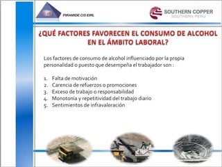 Los factores de consumo de alcohol influenciado por la propia
personalidad o puesto que desempeña el trabajador son :
1. Falta de motivación
2. Carencia de refuerzos o promociones
3. Exceso de trabajo o responsabilidad
4. Monotonía y repetitividad del trabajo diario
5. Sentimientos de infravaloración
 