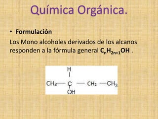 Química Orgánica.
• Formulación
Los Mono alcoholes derivados de los alcanos
responden a la fórmula general CnH2n+1OH .
 