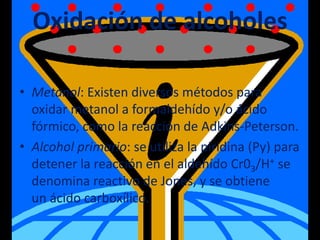 Oxidación de alcoholes

• Metanol: Existen diversos métodos para
  oxidar metanol a formaldehído y/o ácido
  fórmico, como la reacción de Adkins-Peterson.
• Alcohol primario: se utiliza la piridina (Py) para
  detener la reacción en el aldehído Cr03/H+ se
  denomina reactivo de Jones, y se obtiene
  un ácido carboxílico.
 