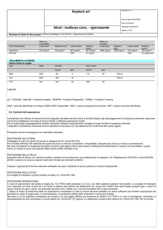 Keytech srl Revisione n. 2
Alcol - multiuso conc. - igienizzante
Scheda di Dati di Sicurezza Conforme all'Allegato II del REACH - Regolamento 2015/830
Data revisione 05/03/2020
Nuova emissione
Stampata il 09/03/2020
Pagina n. 8/18
Effetti sui
consumatori
Effetti sui
lavoratori
Via di Esposizione Locali acuti Sistemici acuti Locali cronici Sistemici
cronici
Locali acuti Sistemici
acuti
Locali cronici Sistemici
cronici
Inalazione 734 mg/m3 734 mg/m3 367 mg/m3 367 mg/m3 1468 mg/m3 1468 mg/m3 734 mg/m3 734 mg/m3
Dermica VND 37 mg/m3 VND 63 mg/kg pc/d
(R)-p-MENTA-1,8-DIENE
Valore limite di soglia
Tipo Stato TWA/8h STEL/15min
mg/m3 ppm mg/m3 ppm
MAK DEU 28 5 112 20 PELLE
VLA ESP 168 30 PELLE
HTP FIN 140 25 280 50
Legenda:
(C) = CEILING ; INALAB = Frazione Inalabile ; RESPIR = Frazione Respirabile ; TORAC = Frazione Toracica.
VND = pericolo identificato ma nessun DNEL/PNEC disponibile ; NEA = nessuna esposizione prevista ; NPI = nessun pericolo identificato.
8.2. Controlli dell`esposizione
Considerato che l'utilizzo di misure tecniche adeguate dovrebbe sempre avere la priorità rispetto agli equipaggiamenti di protezione personali, assicurare
una buona ventilazione nel luogo di lavoro tramite un'efficace aspirazione locale.
Per la scelta degli equipaggiamenti protettivi personali chiedere eventualmente consiglio ai propri fornitori di sostanze chimiche.
I dispositivi di protezione individuali devono riportare la mercatura CE che attesta la loro conformità alle norme vigenti.
Prevedere doccia di emergenza con vaschetta visoculare.
PROTEZIONE DELLE MANI
Proteggere le mani con guanti da lavoro di categoria III (rif. norma EN 374).
Per la scelta definitiva del materiale dei guanti da lavoro si devono considerare: compatibilità, degradazione, tempo di rottura e permeazione.
Nel caso di preparati la resistenza dei guanti da lavoro agli agenti chimici deve essere verificata prima dell'utilizzo in quanto non prevedibile. I guanti
hanno un tempo di usura che dipende dalla durata e dalla modalità d`uso.
PROTEZIONE DELLA PELLE
Indossare abiti da lavoro con maniche lunghe e calzature di sicurezza per uso professionale di categoria I (rif. Regolamento 2016/425 e norma EN ISO
20344). Lavarsi con acqua e sapone dopo aver rimosso gli indumenti protettivi.
Valutare l`opportunità di fornire indumenti antistatici nel caso l`ambiente di lavoro presenti un rischio di esplosività.
PROTEZIONE DEGLI OCCHI
Si consiglia di indossare occhiali protettivi ermetici (rif. norma EN 166).
PROTEZIONE RESPIRATORIA
In caso di superamento del valore di soglia (es. TLV-TWA) della sostanza o di una o più delle sostanze presenti nel prodotto, si consiglia di indossare
una maschera con filtro di tipo AX il cui limite di utilizzo sarà definito dal fabbricante (rif. norma EN 14387). Nel caso fossero presenti gas o vapori di
natura diversa e/o gas o vapori con particelle (aerosol, fumi, nebbie, ecc.) occorre prevedere filtri di tipocombinato.
L`utilizzo di mezzi di protezione delle vie respiratorie è necessario in caso le misure tecniche adottate non siano sufficienti per limitare l`esposizione del
lavoratore ai valori di soglia presi in considerazione. La protezione offerta dalle maschere è comunque limitata.
Nel caso in cui la sostanza considerata sia inodore o la sua soglia olfattiva sia superiore al relativo TLV-TWA e in caso di emergenza, indossare un
autorespiratore ad aria compressa a circuito aperto (rif. norma EN 137) oppure un respiratore a presa d'aria esterna (rif. norma EN 138). Per la corretta
 