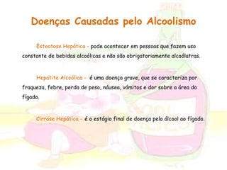 Doenças Causadas pelo Alcoolismo 
Esteatose Hepática - pode acontecer em pessoas que fazem uso 
constante de bebidas alcoólicas e não são obrigatoriamente alcoólatras. 
Hepatite Alcoólica - é uma doença grave, que se caracteriza por 
fraqueza, febre, perda de peso, náusea, vómitos e dor sobre a área do 
fígado. 
Cirrose Hepática - é o estágio final de doença pelo álcool ao fígado. 
 