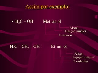 Assim por exemplo:

• H3C – OH       Met an ol
                                 Álcool
                             Ligação simples
                         1 carbono


H3C – CH2 – OH       Et an ol
                                   Álcool
                                  Ligação simples
                                  2 carbonos
 