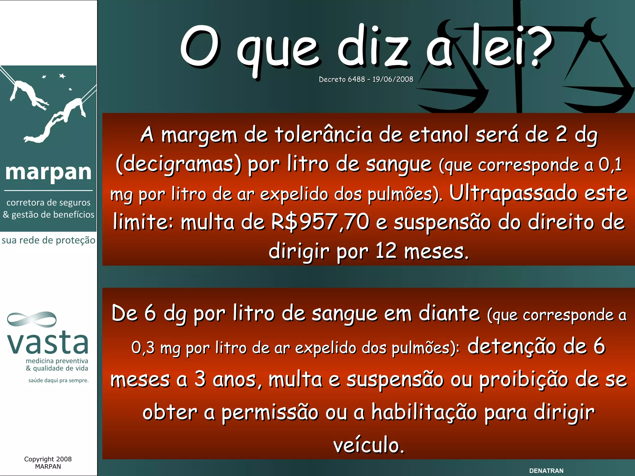 O que diz a lei?   Decreto 6488 – 19/06/2008




                    A margem de tolerância de etanol será de 2 dg
                  (decigramas) por litro de sangue (que corresponde a 0,1
                 mg por litro de ar expelido dos pulmões). Ultrapassado este
                 limite: multa de R$957,70 e suspensão do direito de
                                     dirigir por 12 meses.

                 De 6 dg por litro de sangue em diante (que corresponde a
                   0,3 mg por litro de ar expelido dos pulmões):        detenção de 6
                 meses a 3 anos, multa e suspensão ou proibição de se
                    obter a permissão ou a habilitação para dirigir

Copyright 2008
                                               veículo.
   MARPAN
                                                                             DENATRAN
 