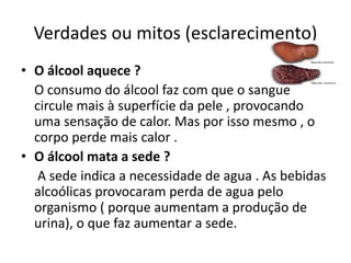 Verdades ou mitos (esclarecimento)
• O álcool aquece ?
O consumo do álcool faz com que o sangue
circule mais à superfície da pele , provocando
uma sensação de calor. Mas por isso mesmo , o
corpo perde mais calor .
• O álcool mata a sede ?
A sede indica a necessidade de agua . As bebidas
alcoólicas provocaram perda de agua pelo
organismo ( porque aumentam a produção de
urina), o que faz aumentar a sede.
 