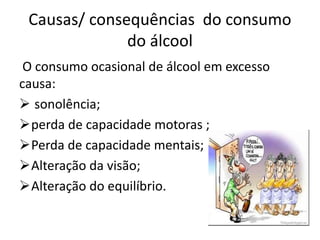 O consumo continuado de álcool em excesso
causa :
 perda de memoria ;
 Diminuição da capacidade de raciocínio;
 Diminui...