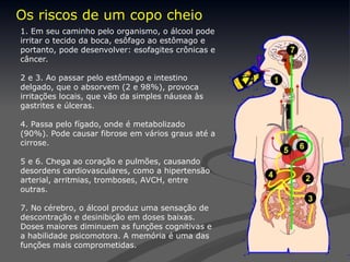 Os riscos de um copo cheio
1. Em seu caminho pelo organismo, o álcool pode
irritar o tecido da boca, esôfago ao estômago e
portanto, pode desenvolver: esofagites crônicas e
câncer.
2 e 3. Ao passar pelo estômago e intestino
delgado, que o absorvem (2 e 98%), provoca
irritações locais, que vão da simples náusea às
gastrites e úlceras.
4. Passa pelo fígado, onde é metabolizado
(90%). Pode causar fibrose em vários graus até a
cirrose.
5 e 6. Chega ao coração e pulmões, causando
desordens cardiovasculares, como a hipertensão
arterial, arritmias, tromboses, AVCH, entre
outras.
7. No cérebro, o álcool produz uma sensação de
descontração e desinibição em doses baixas.
Doses maiores diminuem as funções cognitivas e
a habilidade psicomotora. A memória é uma das
funções mais comprometidas.
 