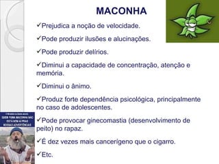 MACONHA
Prejudica a noção de velocidade.
Pode produzir ilusões e alucinações.
Pode produzir delírios.
Diminui a capacidade de concentração, atenção e
memória.
Diminui o ânimo.
Produz forte dependência psicológica, principalmente
no caso de adolescentes.
Pode provocar ginecomastia (desenvolvimento de
peito) no rapaz.
É dez vezes mais cancerígeno que o cigarro.
Etc.
 