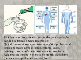 Está dentre as drogas mais comsumidas pela população,
seguido de tabaco e benzodiazepínicos
Quando consumido em excesso causa sérios problemas de
saúde em órgãos como o fígado, coração, vasos,
estômago,nos pulmões e no sistema nervoso,câncer.
Acidentes de trânsito, violência e o próprio alcoolismo
(dependência),problemas no coração
 
