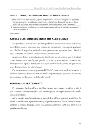 Dependência do álcool: aspectos clínicos e diagnósticos
79
Tabela 2 	 (CONT.) Critérios para abuso do álcool – DSM-IV
(4) Uso continuado da substância, apesar de problemas sociais ou interpessoais persisten-
tes ou recorrentes causados ou exacerbados pelos efeitos da substância (p.ex., discus-
sões com o cônjuge acerca das conseqüências da intoxicação ou lutas corporais).
B. Os sintomas jamais satisfizeram os critérios para dependência de substância para esta
classe de substância.
Fonte: APA.8
PATOLOGIAS CONSEQüENTES DO ALCOOLISMO
A dependência alcoólica traz grandes problemas e conseqüências ao indivíduo,
tanto físicas quanto psíquicas, que podem, na maioria das vezes, causar prejuízos
no trabalho, desorganização familiar, comportamentos agressivos (p.ex., homicí-
dios), acidentes de trânsito, exclusão social, entre outros.
As doenças físicas conseqüentes do alcoolismo são de origem gastrintestinal,
como úlceras, varizes esofágicas, gastrite e cirrose; neuromuscular, como cãibras,
formigamentos e perda de força muscular; ou cardiovascular, como a hipertensão;
além de impotência ou infertilidade.
Os transtornos mentais, segundo o DSM-IV8
, associadas ao alcoolismo são o
delirium tremens; a demência de Korsakoff13
; as perturbações psicóticas do humor,
da ansiedade ou do sono; e a disfunção sexual.
FORMAS DE TRATAMENTO
O tratamento da dependência alcoólica envolve intervenções em vários níveis, já
que a doença é bastante complexa, seja na etiologia ou nas implicações sociais, profis-
sionais e familiares.
A intervenção terapêutica destina-se tanto à dependência quanto à abstinência do
álcool, contando com algumas intervenções psicoterapêuticas dentro das quais se en-
contram as terapias de grupo, como os Alcoólicos Anônimos (AA), e as intervenções
psicofarmacológicas.
 