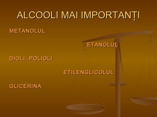 AALLCCOOOOLLII MMAAII IIMMPPOORRTTAANNŢŢII 
MMEETTAANNOOLLUULL 
EETTAANNOOLLUULL 
DIOOLLI.. PPOOLLIOOLLI 
EETTILLEENNGGLLICCOOLLUULL 
GGLLICCEERRINNAA 
 