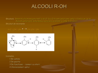 AALLCCOOOOLLII RR--OOHH 
SSttrruuccttuurraa:: DDaattoorriittaa eelleeccttrroonneeggaattiivviittaattiiii aa ddee OO,, lleegg.. OO--HH eessttee ppoollaarriizzaattaa,, ppoolluull ++ ffiiiinndd llaa aatt.. ddee HH.. 
AAcceeaassttaa ppoollaarriizzaarree ddeetteerrmmiinnaa oo ooaarreeccaarree aacciiddiittaattee aa ccoommpp.. hhiiddrrooxxiilliiccii.. 
SSttrruuccttuurrii ddee rreezzoonnaannttaa:: 
.... -- ++ 
HH22CC == CCHH –– OOHH ::CCHH22--CCHH == OOHH 
.. .. 
IIzzoommeettrriiee:: 
11 DDee ccaatteennaa 
22 DDee ppoozziittiiee 
33 DDee ffuunnccttiiuunnee:: -- iizzoommeerrii ccuu eetteerriiii 
44 SStteerreeooiizzoommeerrii ooppttiiccii 
 