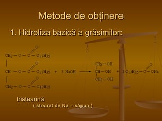 MMeettooddee ddee oobbţţiinneerree 
11.. HHiiddrroolliizzaa bbaazziiccăă aa ggrrăăssiimmiilloorr:: 
ttrriisstteeaarriinnăă 
(( sstteeaarraatt ddee NNaa == ssăăppuunn )) 
 