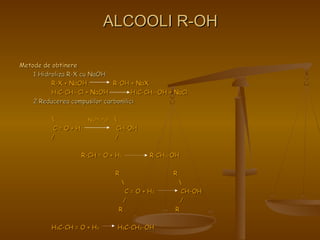 AALLCCOOOOLLII RR--OOHH 
MMeettooddee ddee oobbttiinneerree 
11 HHiiddrroolliizzaa RR--XX ccuu NNaaOOHH 
RR--XX ++ NNaaOOHH RR--OOHH ++ NNaaXX 
HH33CC--CCHH22--CCll ++ NNaaOOHH HH33CC--CCHH22--OOHH ++ NNaaCCll 
22 RReedduucceerreeaa ccoommppuussiilloorr ccaarrbboonniilliiccii 
 NNii((PPtt,, PPdd))  
CC == OO ++ HH22 CCHH--OOHH 
// // 
RR--CCHH == OO ++ HH22 RR--CCHH22--OOHH 
RR RR 
  
CC == OO ++ HH22 CCHH--OOHH 
// // 
RR RR 
HH33CC--CCHH == OO ++ HH22 HH33CC--CCHH22--OOHH 
 