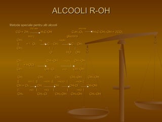 AALLCCOOOOLLII RR--OOHH 
Metode ssppeecciiaallee ppeennttrruu aallttii aallccoooollii 
225500 aattmm eennzziimmee 
CCOO ++ 22HH22 HH33CC--OOHH CC66HH1122OO66 22HH33CC--CCHH22--OOHH ++ 22CCOO22 
880000°°CC gglluuccoozzaa 
CCHH22 HHgg ++HHOOHH 
|||| ++ ½ OO22 HH22CC –– CCHH22 HH22CC –– CCHH22 
CCHH22  // || || 
OO HHOO OOHH 
CCHH22 CCHH22--OOHH ++HHOOHH CCHH22--OOHH 
|||| ++ HHOOCCll || || 
CCHH22 CCHH22--CCll --HHCCll CCHH22--OOHH 
CCHH22 CCHH22 CCHH22 CCHH22--OOHH CCHH22--OOHH 
|||| 550000°°CC |||| ++HHOOHH |||| --HHOOCCll || ++HHOOHH || 
CCHH ++ CCll22 CCHH CCHH CCHH--CCll CCHH--OOHH 
|| --HHCCll || --HHCCll || || --HHCCll || 
CCHH33 CCHH22--CCll CCHH22--OOHH CCHH22--OOHH CCHH22--OOHH 
 