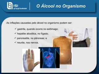 O Álcool no Organismo As inflações causadas pelo álcool no organismo podem ser: gastrite, quando ocorre no estômago; hepatite alcoólica, no fígado; pancreatite, no pâncreas; e neurite, nos nervos. 