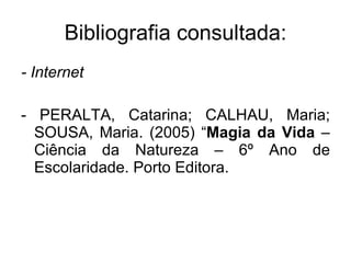Bibliografia consultada: - Internet - PERALTA, Catarina; CALHAU, Maria; SOUSA, Maria. (2005) “ Magia da Vida  – Ciência da Natureza – 6º Ano de Escolaridade. Porto Editora. 