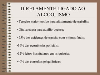 DIRETAMENTE LIGADO AO
       ALCOOLISMO
• Terceiro maior motivo para afastamento de trabalho;

• Oitava causa para auxílio-doença;

• 75% dos acidentes de transito com vítimas fatais;

•39% das ocorrências policiais;

•32% leitos hospitalares em psiquiatria;

•40% das consultas psiquiátricas;
 