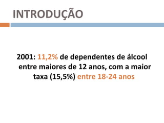 INTRODUÇÃO


2001: 11,2% de dependentes de álcool
entre maiores de 12 anos, com a maior
    taxa (15,5%) entre 18-24 anos
 
