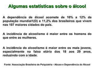 Algumas estatísticas sobre o álcoolAlgumas estatísticas sobre o álcool
A dependência de álcool acomete de 10% a 12% da
população mundial1(D) e 11,2% dos brasileiros que vivem
nas 107 maiores cidades do país.
A incidência de alcoolismo é maior entre os homens do
que entre as mulheres.
A incidência do alcoolismo é maior entre os mais jovens,
especialmente na faixa etária dos 18 aos 29 anos,
reduzindo com a idade.
Fonte: Associação Brasileira de Psiquiatria - Abuso e Dependência do Álcool
 