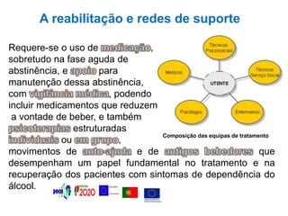 Requere-se o uso de ,
sobretudo na fase aguda de
abstinência, e para
manutenção dessa abstinência,
com , podendo
incluir medicamentos que reduzem
a vontade de beber, e também
estruturadas
ou ,
movimentos de e de que
desempenham um papel fundamental no tratamento e na
recuperação dos pacientes com sintomas de dependência do
álcool.
A reabilitação e redes de suporte
Composição das equipas de tratamento
 