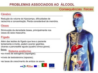 PROBLEMAS ASSOCIADOS AO ÁLCOOL
Consequências físicas
Cérebro
Redução do volume do hipocampo, dificuldades de
raciocínio e concentração. Perda considerável de memória.
Ossos
Diminuição da densidade óssea, principalmente nos
ossos do sexo masculino.
Fígado
Além das lesões do fígado que leva o paciente
lentamente à morte, podem ocorrer gastrites,
úlceras e pancreatite aguda (quadro clínico grave).
Sistema endócrino
Baixa:
•os níveis de estrogénio (raparigas);
•níveis de testosterona (rapazes);
•as taxas de crescimento de ambos os sexos.
 