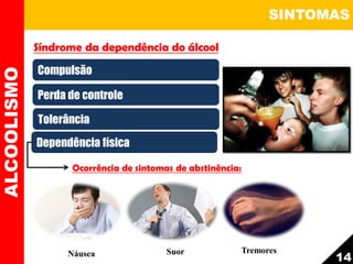 SINTOMAS
14
ALCOOLISMO
Compulsão
Perda de controle
Dependência física
Síndrome da dependência do álcool
Tolerância
Ocorrência de sintomas de abstinência:
Náusea Suor Tremores
 