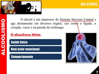 O álcool é um depressor do Sistema Nervoso Central e
age diretamente em diversos órgãos, tais como o fígado, o
coração, vasos e na parede do estômago.
ALCOOLISMO ALCOOL
7
Saúde física
Bem estar emocional
Comportamento
O alcoolismo Afeta:
 