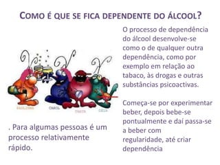 COMO É QUE SE FICA DEPENDENTE DO ÁLCOOL?
                              O processo de dependência
                              do álcool desenvolve-se
                              como o de qualquer outra
                              dependência, como por
                              exemplo em relação ao
                              tabaco, às drogas e outras
                              substâncias psicoactivas.

                              Começa-se por experimentar
                              beber, depois bebe-se
                              pontualmente e daí passa-se
. Para algumas pessoas é um   a beber com
processo relativamente        regularidade, até criar
rápido.                       dependência
 