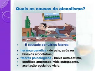 Quais as causas do alcoolismo?




     É causado por vários fatores:
    herança genética - de pais, avós ou
    bisavós alcoólatras;
    fatores psicológicos - baixa auto-estima,
    conflitos amorosos, vida estressante,
    aceitação social do vício.
 
