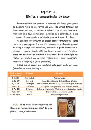 Capítulo II
                    Efeitos e consequências do álcool

         Para a maioria das pessoas, o consumo de álcool gera pouco
    ou nenhum risco de se tornar um vício. Há vários fatores que
    levam ao alcoolismo, tais como: o ambiente social principalmente,
    mas também a saúde emocional e psíquica ou a genética. Aí, é que
    o consumo é consistente o suficiente para se tornar alcoolismo.
         O que leva ao consumo de álcool poder perturbar as ações
    motoras e psicológicas é o seu efeito no cérebro. Quando o álcool
    no sangue chega aos neurónios, afeta-os e pode aumentar ou
    diminuir a sua atividade elétrica. Dessa maneira, vai funcionar
    como um sedativo ao diminuir a atividade. Essa diminuição vai
    afetar as partes do cérebro responsáveis pelo movimento,
    memória e respiração (principalmente).
         Essas ações podem ser medidas pela quantidade de álcool
    (etanol) existente no sangue.

Álcool no sangue    Estados                          Sintomas
 (gramas/litro)
   0,1 a 0,3       Sobriedade                       Descontração
  0,3 a 0,9          Euforia         Perda de eficiência, diminuição da atenção
   0,9 a 1,8        Excitação   Instabilidade das emoções, descoordenação muscular
   1,8 a 2,7        Confusão        Vertigens, desequilíbrio, dificuldades na fala
  2,7 a 4,0          Estupor    Falta de movimento. Vómitos e incontinência urinária
  4,0 a 5,0           Coma                 Inconsciência, anestesia. Morte
 Acima de 5,0         Morte                     Parada respiratória




    Nota: os estados acima dependem da
 idade e da “experiência alcoólica” de uma
 pessoa, como já referimos.



                                                                              5
 