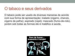 O tabaco e seus derivados
O tabaco pode ser usado de diversas maneiras de acordo
com sua forma de apresentação: inalado (cigarro, charuto,
cigarro de palha); aspirado (rapé); mascado (fumo-de-rolo),
porém sob todas as formas ele é maléfico à saúde.
 