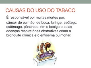 CAUSAS DO USO DO TABACO
É responsável por muitas mortes por:
câncer de pulmão, de boca, laringe, esôfago,
estômago, pâncreas, rim e bexiga e pelas
doenças respiratórias obstrutivas como a
bronquite crônica e o enfisema pulmonar.
 