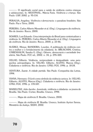 70
ÁLCOOLEREDUÇÃODEDANOS
70
ÁLCOOLEREDUÇÃODEDANOS
––––––. O significado social para a saúde da violência contra crianças
e adolescentes. In: WESTPHAL, Márcia Faria. Violência e criança. São
Paulo: USP, 2002. p. 95-114.
PERALVA, Angelina. Violência e democracia: o paradoxo brasileiro. São
Paulo: Paz e Terra, 2000.
PEREIRA, Carlos Alberto Messeder et al. (Org.). Linguagens da violência.
Rio de Janeiro: Rocco, 2000.
SOARES, Luis Eduardo. Uma interpretação do Brasil para contextualizar a
violência. In: PEREIRA, Carlos Alberto Messeder et al. (Org.). Linguagens
da violência. Rio de Janeiro: Rocco, 2000. p. 23-46.
SUÁREZ, Mireya: BANDEIRA, Lourdes. A politização da violência con-
tra a mulher e o fortalecimento da cidadania. In: BRUSCHINI, Cristina;
UNBENHAUM, Sandra G. (Org.). Gênero, democracia e sociedade bra-
sileira. São Paulo: FCC ed., 2002. n. 34, p. 295-320.
VELHO, Gilberto. Violência, reciprocidade e desigualdade: uma pers-
pectiva antropológica. In: VELHO, Gilberto; ALVITO, Marcos (Org.).
Cidadania e violência. Rio de Janeiro: UFRJ; FGV, 1996. p. 10-24.
VENTURA, Zuenir. A cidade partida. São Paulo: Companhia das Letras,
1994.
VIANA, Hermano. O funk como símbolo da violência carioca. In: VELHO,
Gilberto; ALVITO, Marcos (Org.). Cidadania e violência. Rio de Janeiro:
UFRJ; FGV, 1996. p. 178-187.
WAISELFISZ, Julio Jacobo. Juventude, violência e cidadania: os jovens de
Brasília. São Paulo: Cortez; Brasília: Unesco, 1998.
––––––. Mapa da violência II. Brasília: Unesco, 2000.
––––––. Mapa da violência III. Brasília: Unesco; Instituto Ayrton Senna;
Ministério da Justiça; SEDH, 2002.
 