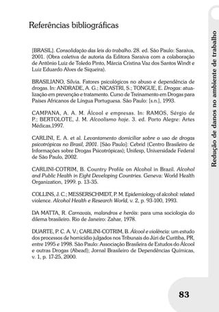 Reduçãodedanosnoambientedetrabalho
83
Referências bibliográficas
[BRASIL]. Consolidação das leis do trabalho. 28. ed. São Paulo: Saraiva,
2001. (Obra coletiva de autoria da Editora Saraiva com a colaboração
de Antônio Luiz de Toledo Pinto, Márcia Cristina Vaz dos Santos Windt e
Luiz Eduardo Alves de Siqueira).
BRASILIANO, Sílvia. Fatores psicológicos no abuso e dependência de
drogas. In: ANDRADE, A. G.; NICASTRI, S.; TONGUE, E. Drogas: atua-
lização em prevenção e tratamento. Curso de Treinamento em Drogas para
Países Africanos de Língua Portuguesa. São Paulo: [s.n.], 1993.
CAMPANA, A. A. M. Álcool e empresas. In: RAMOS, Sérgio de
P.; BERTOLOTE, J. M. Alcoolismo hoje. 3. ed. Porto Alegre: Artes
Médicas,1997.
CARLINI, E. A. et al. Levantamento domiciliar sobre o uso de drogas
psicotrópicas no Brasil, 2001. [São Paulo]: Cebrid (Centro Brasileiro de
Informações sobre Drogas Psicotrópicas); Unifesp, Universidade Federal
de São Paulo, 2002.
CARLINI-COTRIM, B. Country Profile on Alcohol in Brazil. Alcohol
and Public Health in Eight Developing Countries. Geneva: World Health
Organization, 1999. p. 13-35.
COLLINS, J. C.; MESSERSCHMIDT, P. M. Epidemiology of alcohol: related
violence. Alcohol Health e Research World, v. 2, p. 93-100, 1993.
DA MATTA, R. Carnavais, malandros e heróis: para uma sociologia do
dilema brasileiro. Rio de Janeiro: Zahar, 1978.
DUARTE, P. C. A. V.; CARLINI-COTRIM, B. Álcool e violência: um estudo
dos processos de homicídio julgados nos Tribunais do Júri de Curitiba, PR,
entre 1995 e 1998. São Paulo: Associação Brasileira de Estudos do Álcool
e outras Drogas (Abead); Jornal Brasileiro de Dependências Químicas,
v. 1, p. 17-25, 2000.
 