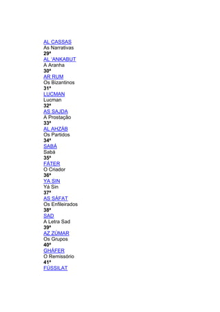 AL CASSAS
As Narrativas
29ª
AL ‘ANKABUT
A Aranha
30ª
AR RUM
Os Bizantinos
31ª
LUCMAN
Lucman
32ª
AS SAJDA
A Prostação
33ª
AL AHZÁB
Os Partidos
34ª
SABÁ
Sabá
35ª
FÁTER
O Criador
36ª
YA SIN
Yá Sin
37ª
AS SÁFAT
Os Enfileirados
38ª
SAD
A Letra Sad
39ª
AZ ZÚMAR
Os Grupos
40ª
GHÁFER
O Remissório
41ª
FÚSSILAT
 