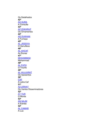 Os Detalhados
42ª
AX XURA
A Consulta
43ª
AZ ZÚKHRUF
Os Ornamentos
44ª
AD DUKHAN
A Fumaça
45ª
AL JÁSSIYA
O Genuflexo
46ª
AL AHCAF
As Dunas
47ª
MOHAMMAD
Mohammad
48ª
AL FATH
O Triunfo
49ª
AL HUJJURAT
Os Aposentos
50ª
CAF
A Letra Caf
51ª
AZ ZÁRIAT
Os Ventos Disseminadores
52ª
AT TUR
O Monte
53ª
AN NAJM
A Estrela
54ª
AL CAMAR
A Lua
 