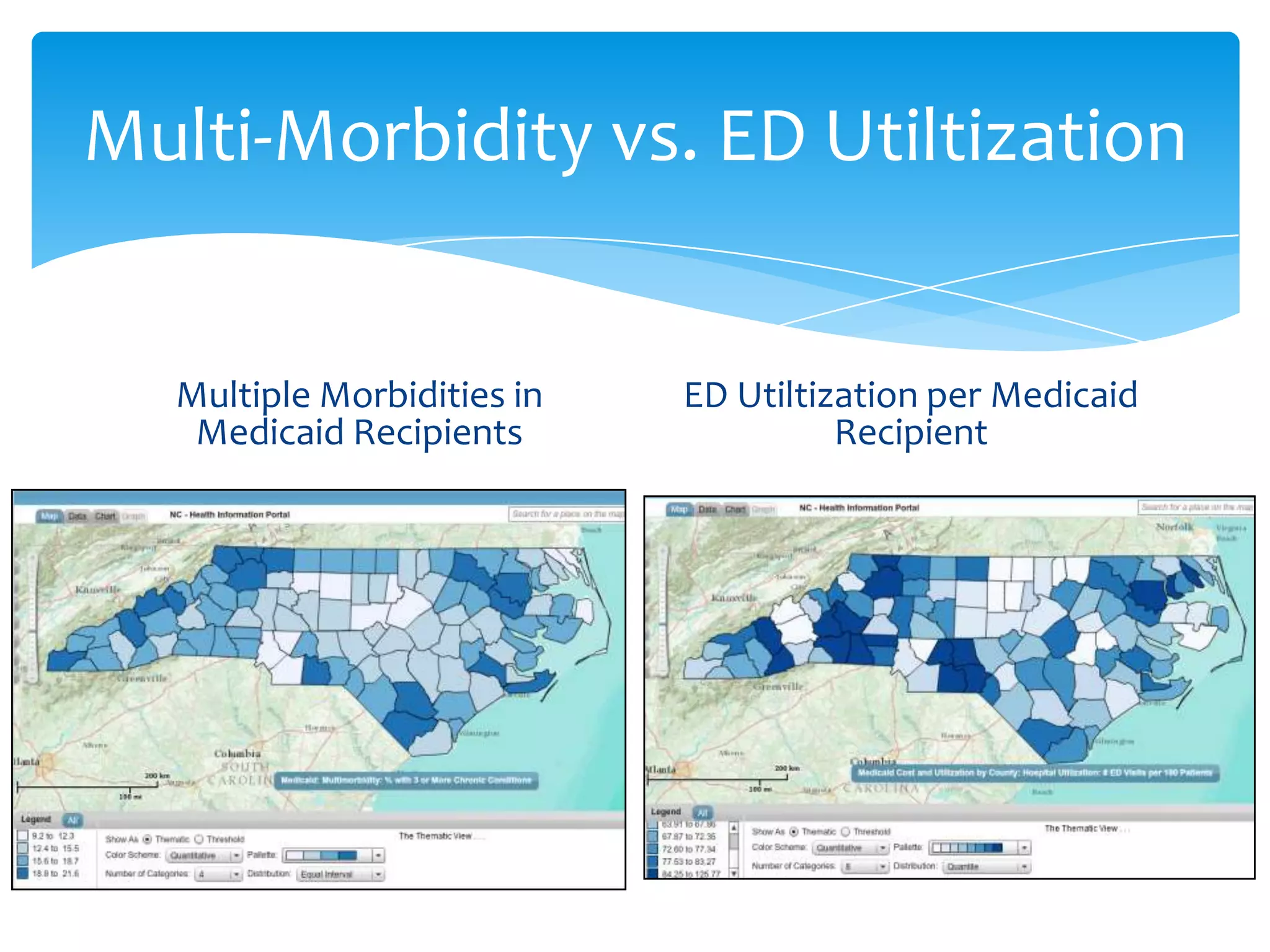 Multi-Morbidity vs. ED Utiltization
Multiple Morbidities in
Medicaid Recipients
ED Utiltization per Medicaid
Recipient
 