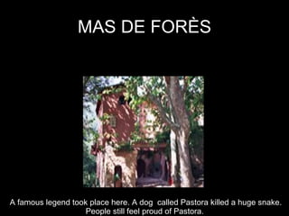 MAS DE FORÈS A famous legend took place here. A dog  called Pastora killed a huge snake. People still feel proud of Pastora.  