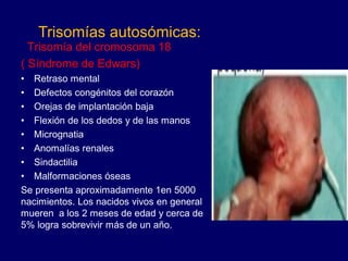 Trisomía del cromosoma 18
( Síndrome de Edwars)
• Retraso mental
• Defectos congénitos del corazón
• Orejas de implantación baja
• Flexión de los dedos y de las manos
• Micrognatia
• Anomalías renales
• Sindactilia
• Malformaciones óseas
Se presenta aproximadamente 1en 5000
nacimientos. Los nacidos vivos en general
mueren a los 2 meses de edad y cerca de
5% logra sobrevivir más de un año.
Trisomías autosómicas:
 