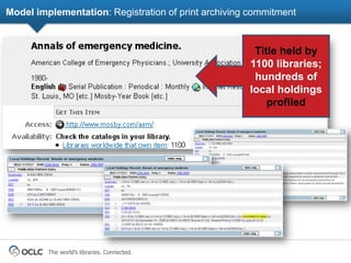 Model implementation: Registration of print archiving commitment



                                                      Title held by
                                                     1100 libraries;
                                                      hundreds of
                                                     local holdings
                                                         profiled




         The world’s libraries. Connected.
 