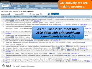 Collectively, we are
                                                     making progress:




                                     As of 1 June 2012, more than
                                    2800 titles with print archiving
                                      commitments in WorldCat




The world’s libraries. Connected.
 