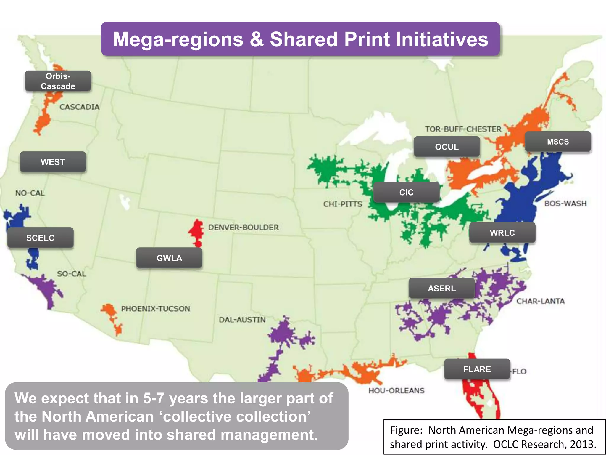Mega-regions & Shared Print Initiatives
OCLC Research, 2013
Orbis-
Cascade
CIC
ASERL
SCELC
MSCS
WRLC
OCUL
GWLA
WEST
FLARE
We expect that in 5-7 years the larger part of
the North American ‘collective collection’
will have moved into shared management. Figure: North American Mega-regions and
shared print activity. OCLC Research, 2013.
 