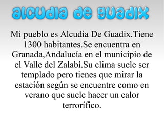 Mi pueblo es Alcudia De Guadix.Tiene
1300 habitantes.Se encuentra en
Granada,Andalucía en el municipio de
el Valle del Zalabí.Su clima suele ser
templado pero tienes que mirar la
estación según se encuentre como en
verano que suele hacer un calor
terrorífico.
 