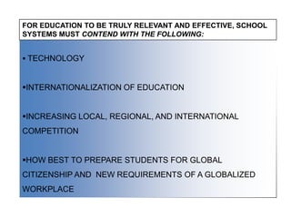 FOR EDUCATION TO BE TRULY RELEVANT AND EFFECTIVE, SCHOOL
SYSTEMS MUST CONTEND WITH THE FOLLOWING:


 TECHNOLOGY



INTERNATIONALIZATION OF EDUCATION


INCREASING LOCAL, REGIONAL, AND INTERNATIONAL
COMPETITION


HOW BEST TO PREPARE STUDENTS FOR GLOBAL
CITIZENSHIP AND NEW REQUIREMENTS OF A GLOBALIZED
WORKPLACE
 
