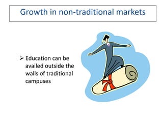 Growth in non-traditional markets




 Education can be
  availed outside the
  walls of traditional
  campuses
 