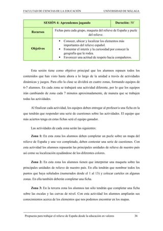 FACULTAD DE CIENCIAS DE LA EDUCACIÓN UNIVERSIDAD DE MÁLAGA
Propuesta para trabajar el relieve de España desde la educación en valores 36
SESIÓN 4: Aprendemos jugando Duración: 50´
Recursos Fichas para cada grupo, maqueta del relieve de España y puzle
del relieve.
Objetivos
 Conocer, ubicar y localizar los elementos más
importantes del relieve español.
 Fomentar el interés y la curiosidad por conocer la
geografía que le rodea.
 Favorecer una actitud de respeto hacia compañeros.
Esta sesión tiene como objetivo principal que los alumnos repasen todos los
contenidos que han visto hasta ahora a lo largo de la unidad a través de actividades
dinámicas y juegos. Para ello la clase se dividirá en cuatro zonas, formando equipos de
6-7 alumnos. En cada zona se trabajará una actividad diferente, por lo que los equipos
irán cambiando de zona cada 7 minutos aproximadamente, de manera que se trabajen
todas las actividades.
Al finalizar cada actividad, los equipos deben entregar al profesor/a una ficha en la
que tendrán que responder una serie de cuestiones sobre las actividades. El equipo que
más aciertos tenga en estas fichas será el equipo ganador.
Las actividades de cada zona serán las siguientes:
Zona 1: En esta zona los alumnos deben completar un puzle sobre un mapa del
relieve de España y una vez completado, deben contestar una serie de cuestiones. Con
esta actividad los alumnos repasarán las principales unidades de relieve de nuestro país
así como su localización ayudándose de los diferentes colores.
Zona 2: En esta zona los alumnos tienen que interpretar una maqueta sobre las
principales unidades de relieve de nuestro país. En ella tendrán que nombrar todos los
puntos que haya señalados (numerados desde el 1 al 13) y colocar carteles en algunas
zonas. En ella también deberán completar una ficha.
Zona 3: En la tercera zona los alumnos tan sólo tendrán que completar una ficha
sobre las escalas y las curvas de nivel. Con esta actividad los alumnos ampliarán sus
conocimientos acerca de los elementos que nos podemos encontrar en los mapas.
 